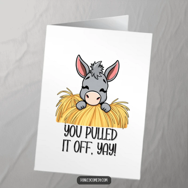 Funny Free Printable Donkey Congratulations Card, a donkey with a playful wink peeking from behind a haystack, celebrating wins.
