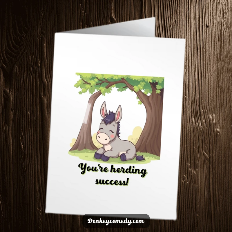 Free printable congratulations card with a funny donkey exhaling in relief under a tree, ideal for celebrating achievements.