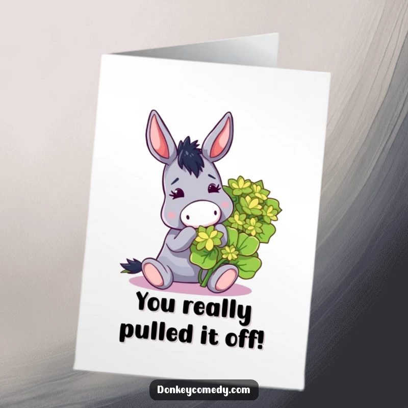 Funny free printable congratulations card showing a donkey happily nibbling a huge clover, symbolizing good luck.