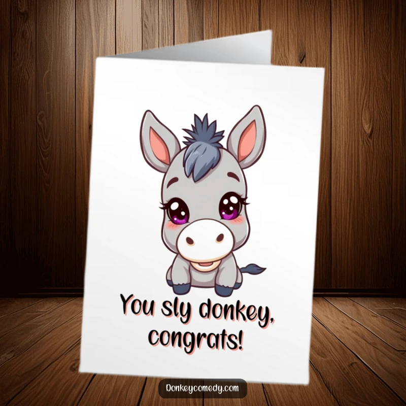 Funny free printable donkey congratulations card with a kawaii donkey giving a mischievous wink from its big eyes.