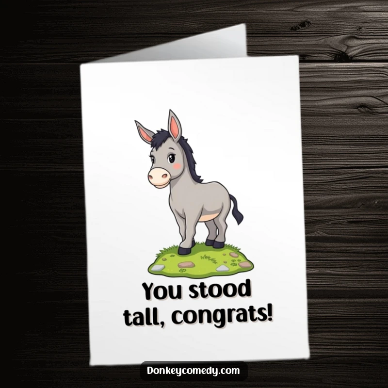 Funny Free Printable Congrats Card: A proud donkey stands atop a grassy mound, symbolizing a high achievement and accomplishment.