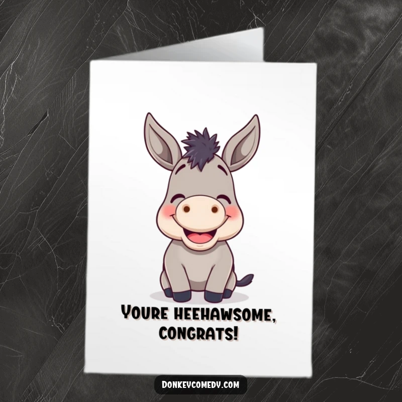 Funny Free Printable Congratulations Card: A donkey with a cheerful grin, mid-bray, perfect for celebrating successes.