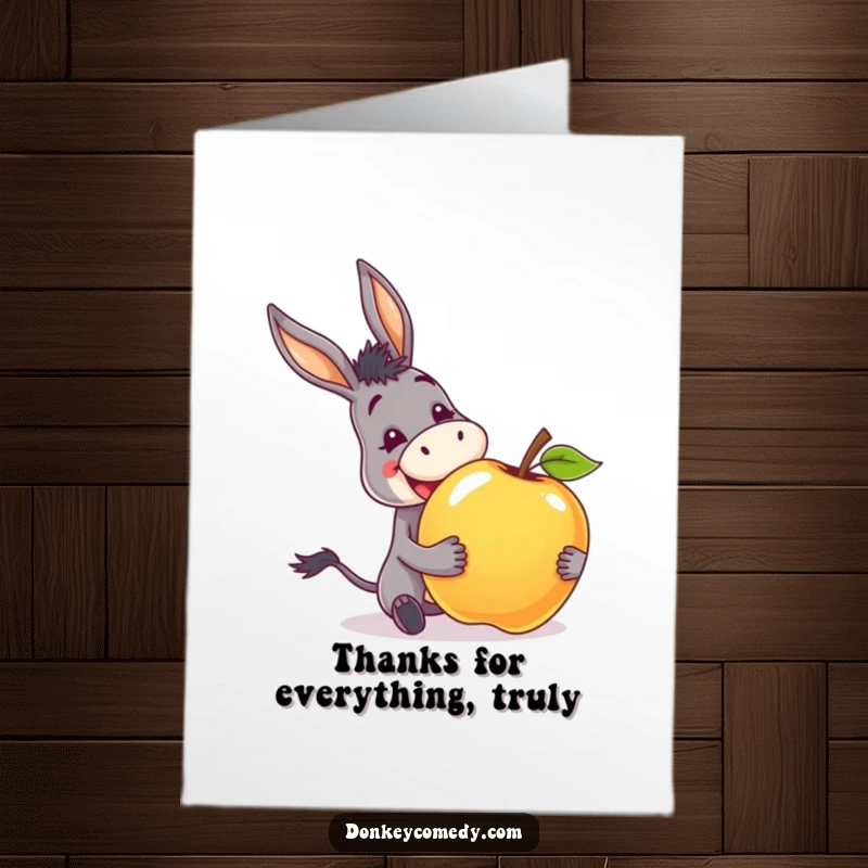 Funny Free Printable Thank You Card: A happy donkey with a big smile receiving a giant apple, expressing earnest gratitude.