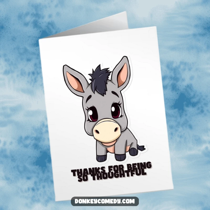 Funny free printable thank you card showcasing a donkey with a curious head tilt, conveying thanks humorously.