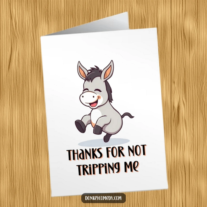 Funny free printable donkey thank you card with a kawaii donkey giggling as it trips humorously.