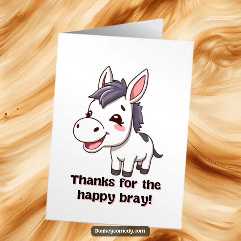 Funny free printable donkey thank you card with a kawaii donkey braying appreciatively, ears attentive.
