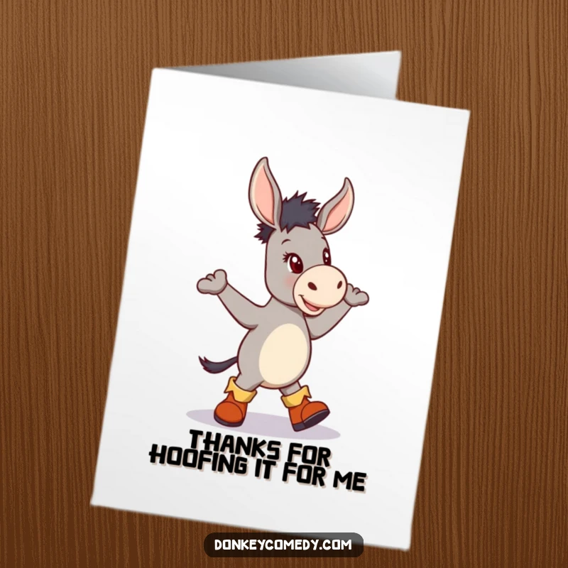 Funny free printable thank you card with a donkey wearing boots and dancing a jig, conveying thanks with humor.