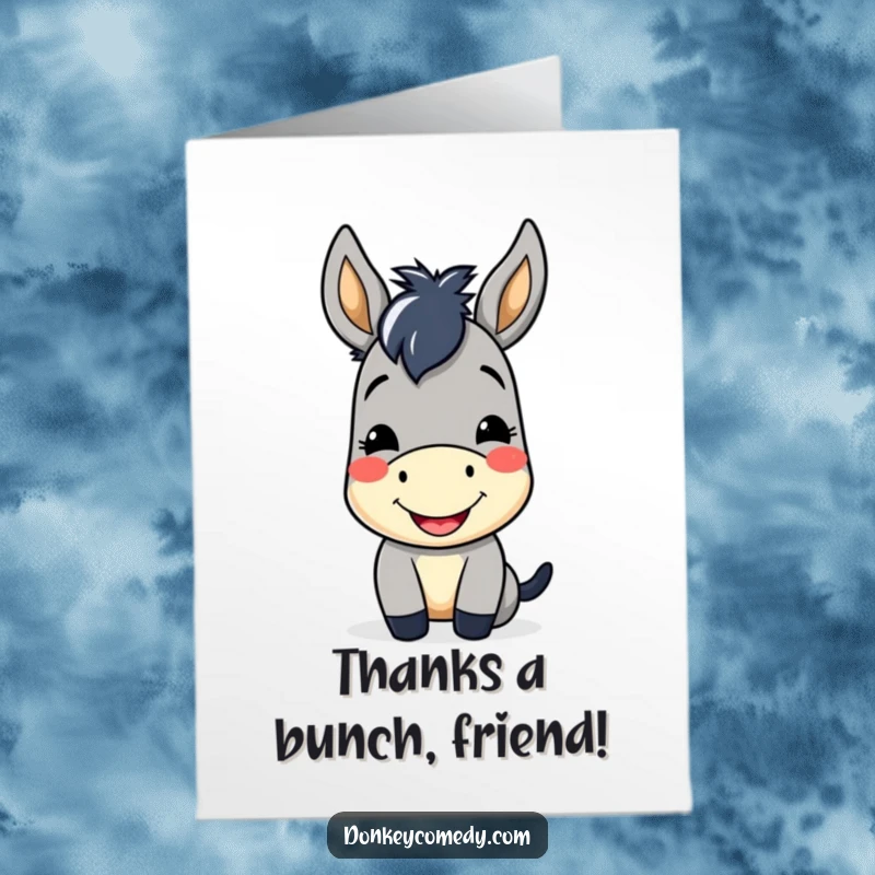 Funny free printable thank you card featuring a kawaii donkey with a sweet smile and a welcoming nod, expressing sincere thanks.