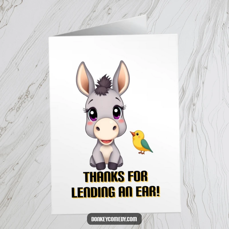 Funny free printable thank you card depicting a donkey with large curious eyes, listening intently to a chirping bird.