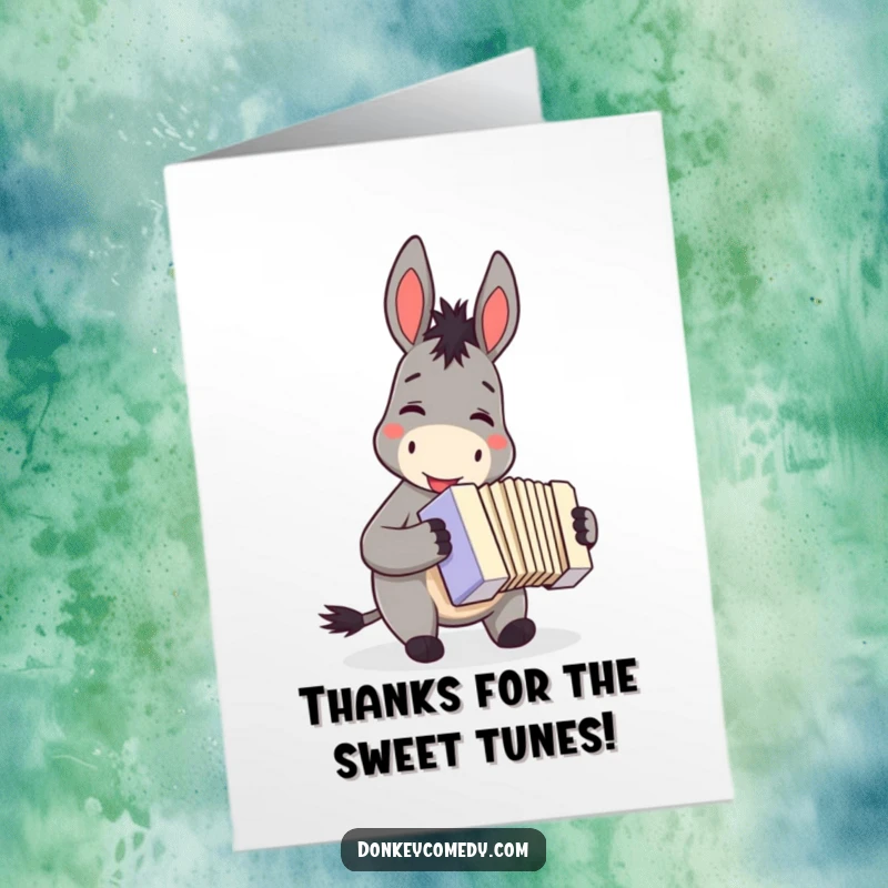 Funny Free Printable Thank You Card: A donkey smiling while playing a small accordion, expressing heartfelt thanks.