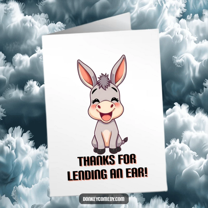 Funny Free Printable Thank You Card: A donkey with massive ears joyfully braying, expressing sincere thanks.