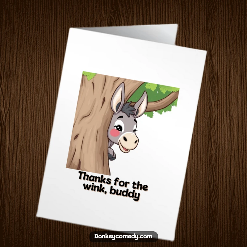Funny Free Printable Thank You Card: A donkey peeking from behind a tree, giving a playful wink.