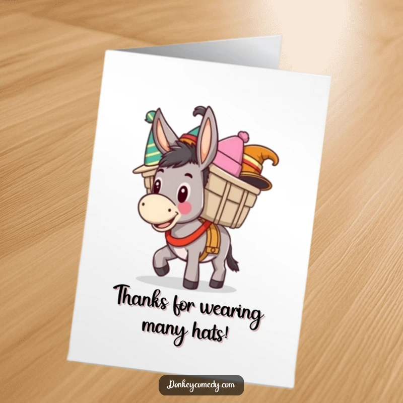 Funny Free Printable Thank You Card: A happy donkey carries an enormous stack of comical hats, expressing gratitude.