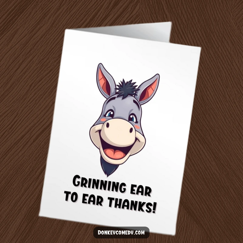 Funny Free Printable Thank You Card: Donkey shows off a big, toothy grin, conveying sincere thanks.