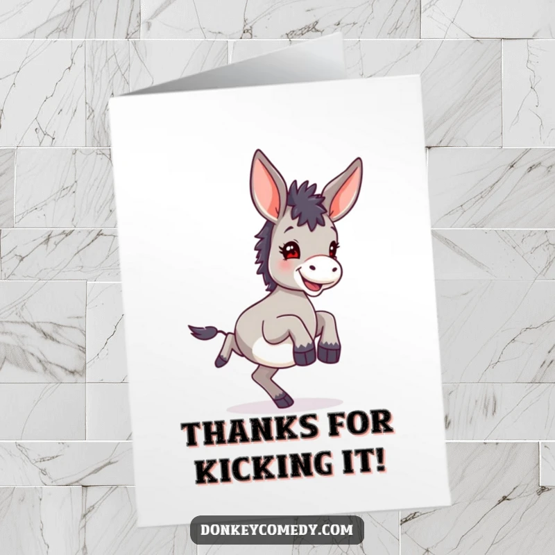 Funny Free Printable Thank You Card: A small donkey with large ears kicking joyfully, conveying thanks with a humorous, downloadable touch.