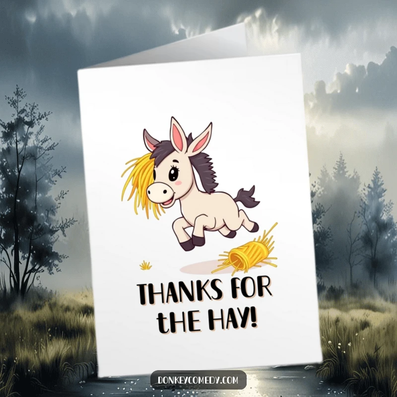 Funny Free Printable Thank You Card: A lively donkey bounding with delight after hay, conveying thanks with a bouncy, humorous touch.