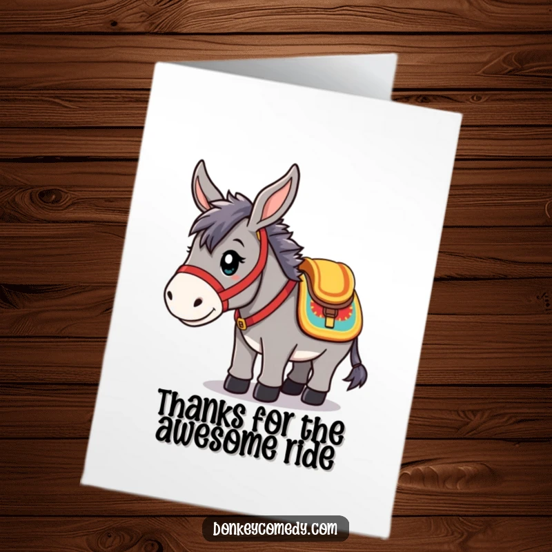 Funny Free Printable Thank You Card: Cute kawaii donkey in a colorful saddle, looking ready for a journey, humorous downloadable greeting.