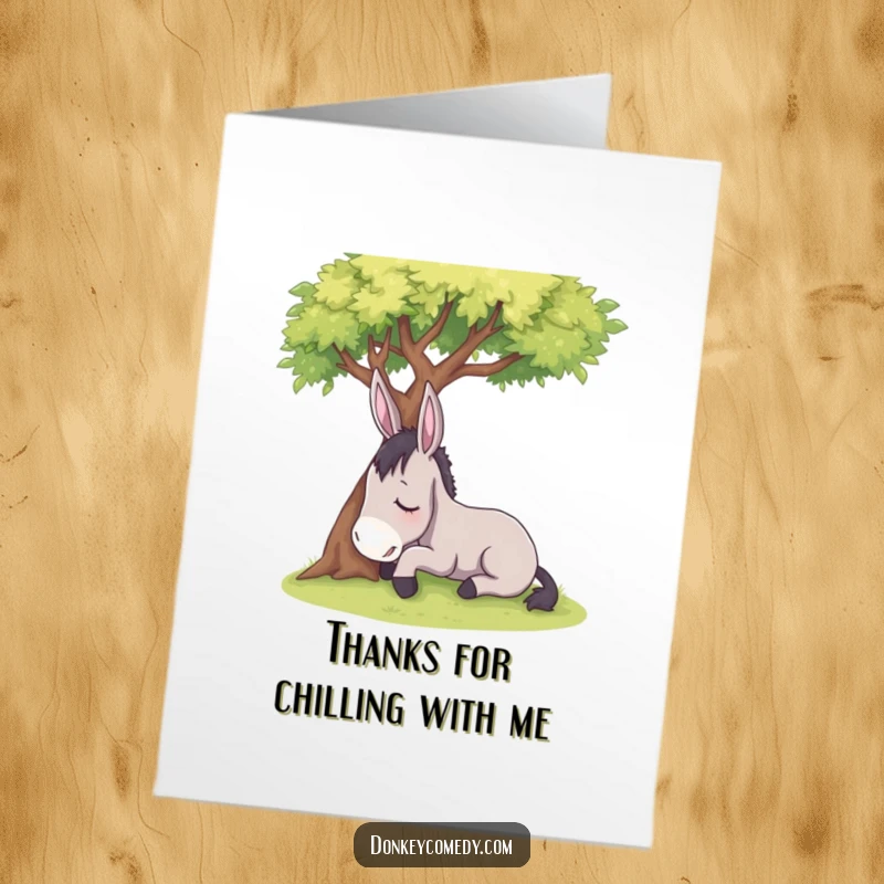 Funny Free Printable Thank You Card: A sleepy donkey rests under a tree, a calm and funny way to express gratitude.