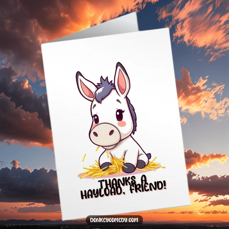 Funny Free Printable Thank You Card: Kawaii donkey with perky ears, happily munching hay, expressing thanks, perfect for a cute DIY thank you.