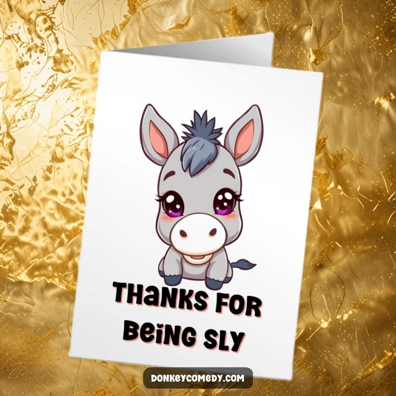 Funny free printable donkey thank you card with a kawaii donkey looking on mischievously with a twinkle in its eyes.