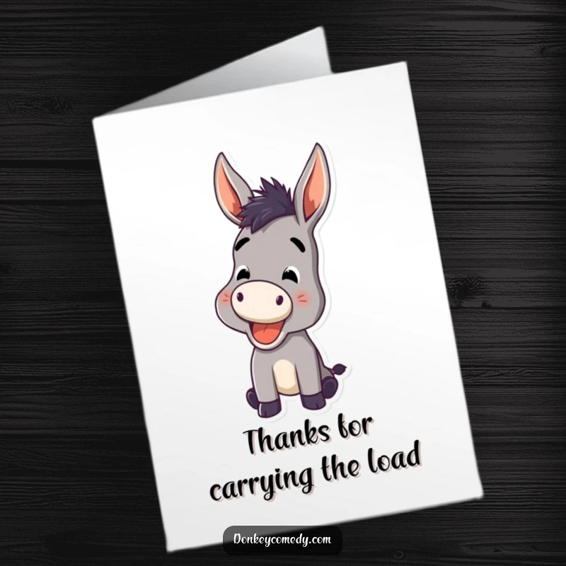 Funny Free Printable Thank You Card: Donkey braying happily, ears perked, conveying heartfelt thanks.