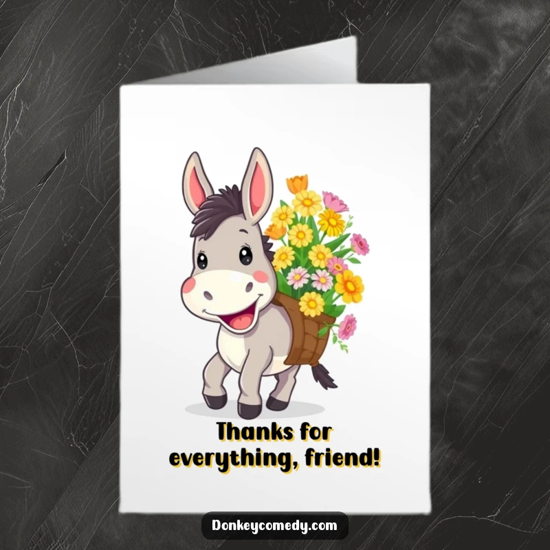 Funny free printable thank you card with a donkey's wide, cheerful grin carrying a heap of colorful flowers.
