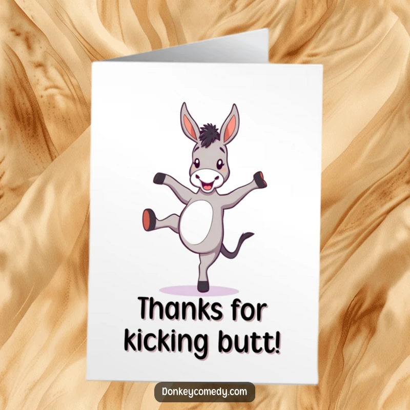 Funny free printable thank you card depicting a happy donkey kicking its heels in gratitude.