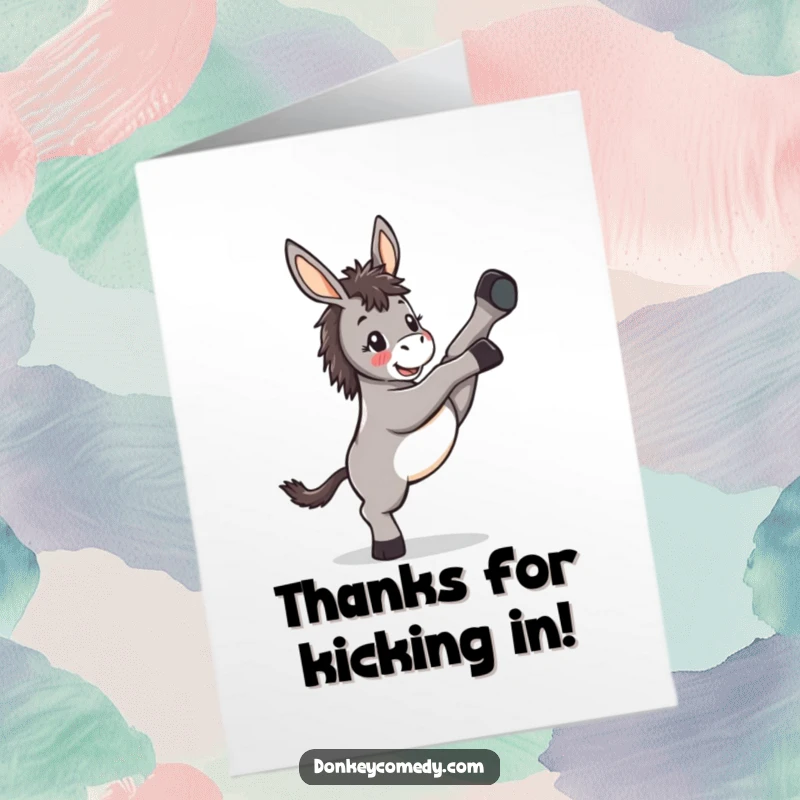 Funny free printable donkey thank you card with a kawaii donkey kicking its legs playfully in thanks.