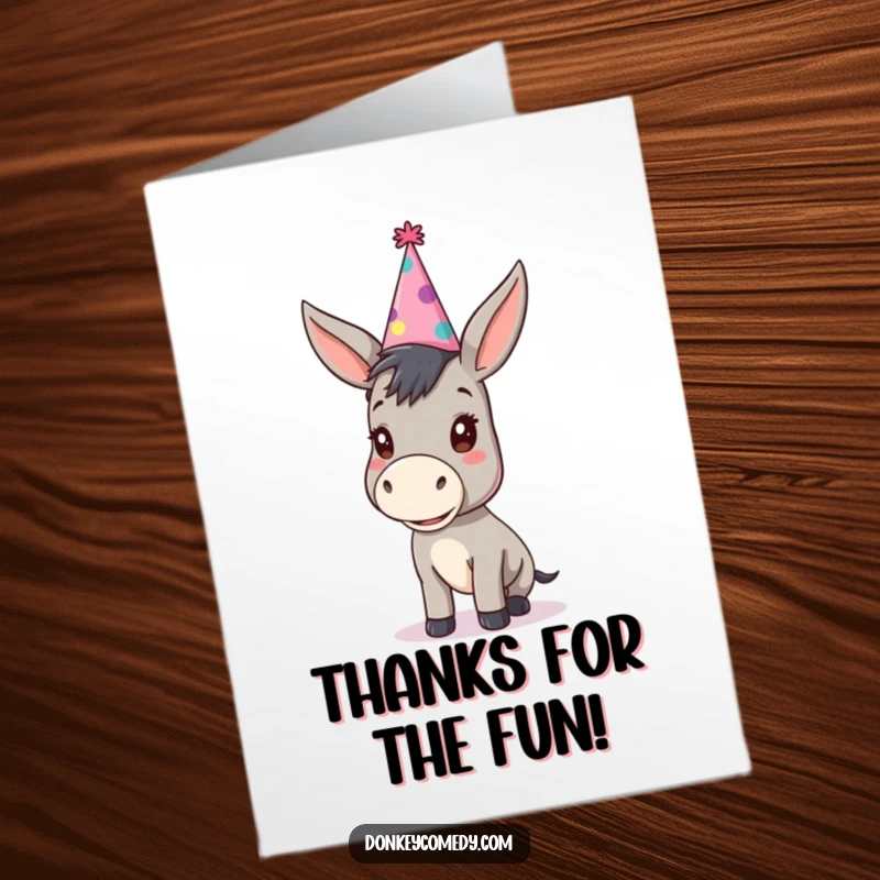 Funny free printable thank you card: A kawaii donkey sports a huge party hat, offering a cheerful and funny thank you.