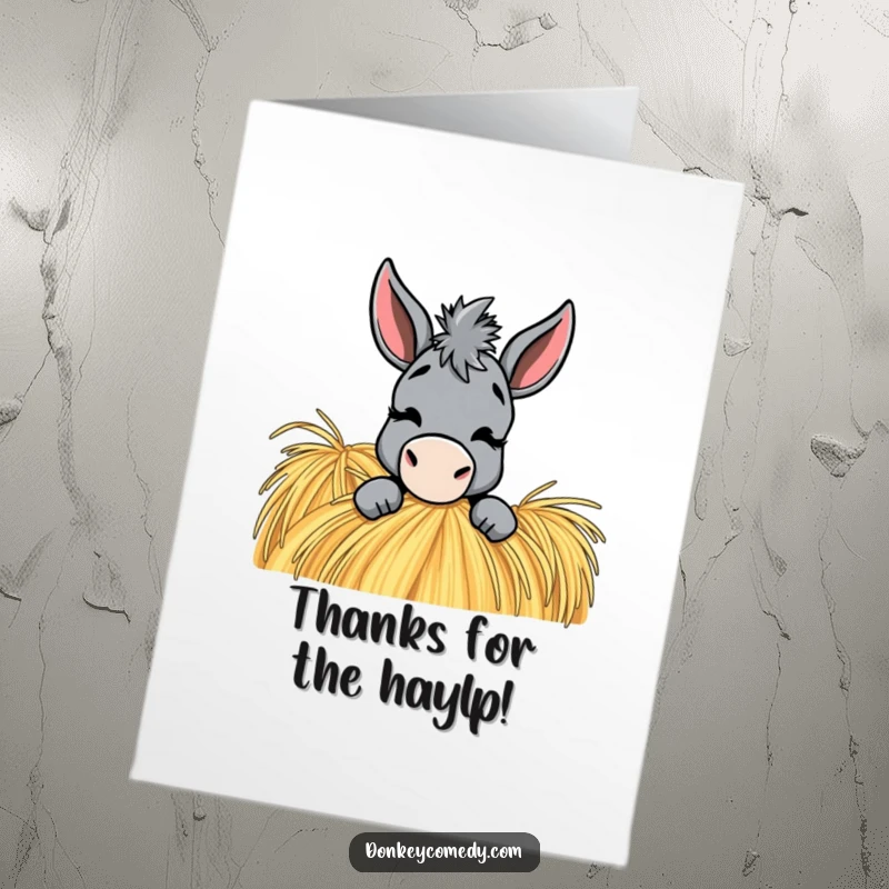 Funny Free Printable Donkey Thank You Card, a donkey with a playful wink peeking from behind a haystack, expressing thanks.