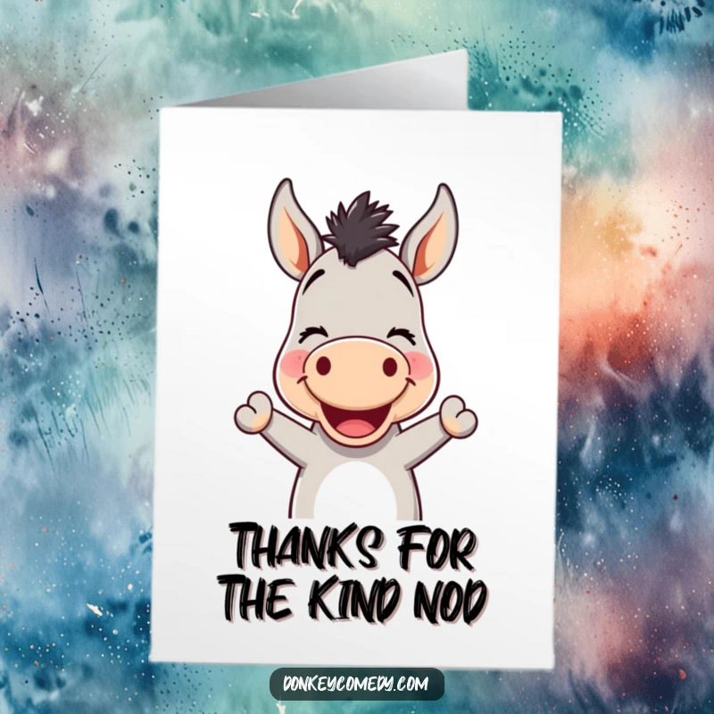 Funny free printable donkey thank you card with a kawaii donkey smiling warmly and giving a friendly nod.