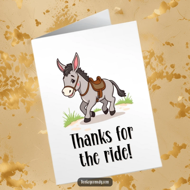 Funny Free Printable Thank You Card: A donkey with a saddle trotting along, perfect for thanking someone for their support.