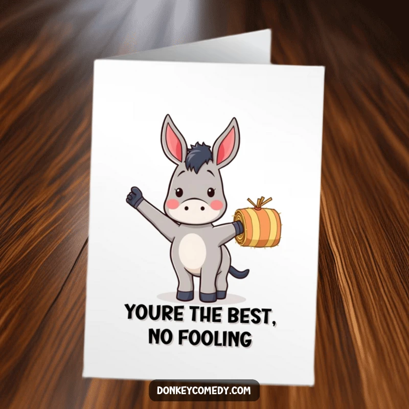 Free Printable Thank You Card featuring a donkey excitedly waving a small, striped hay bale, expressing thanks.