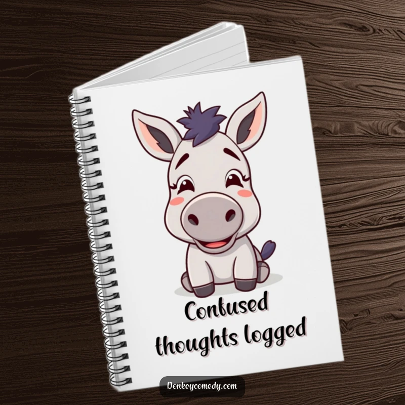 Funny kawaii donkey with a confused but delighted expression on a notebook, great for journaling humorous thoughts.