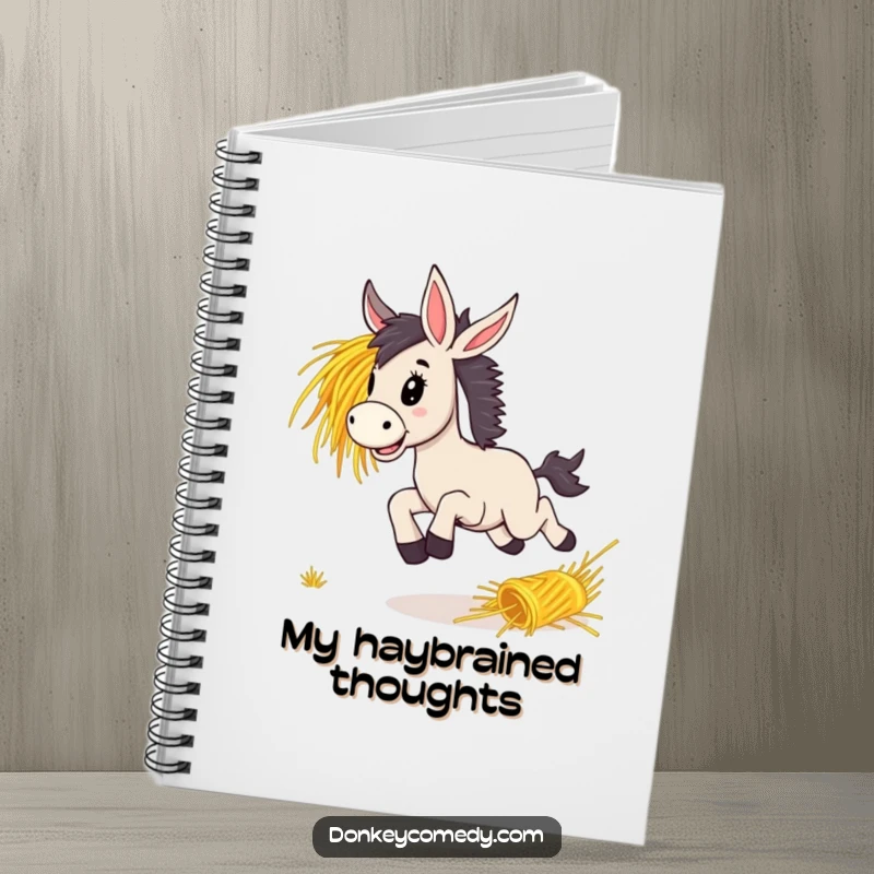 Funny donkey bounding with sheer delight after a rolling bunch of hay, adorning the cover of a notebook for active minds.