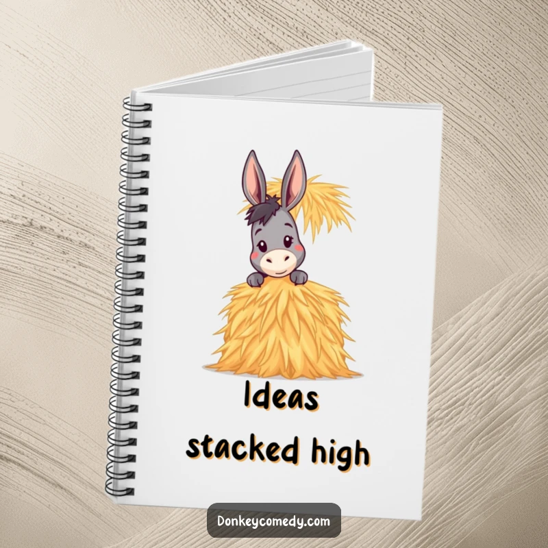 Funny Donkey Notebook featuring a donkey peeking over a tall stack of hay, ideal for jotting down curious ideas.