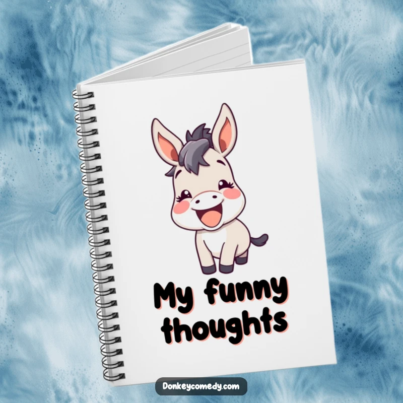 Funny kawaii donkey with perked ears, braying happily with amusement, featured on a notebook.
