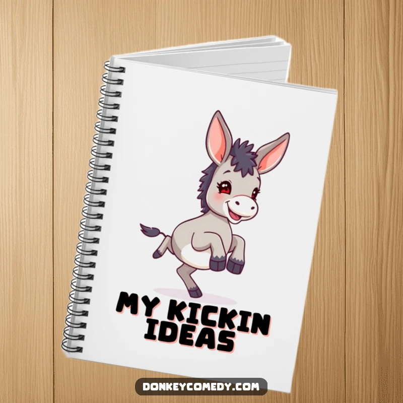 Funny small donkey with comically large ears, joyfully kicking its hind legs in a lively pose, gracing the cover of a notebook.