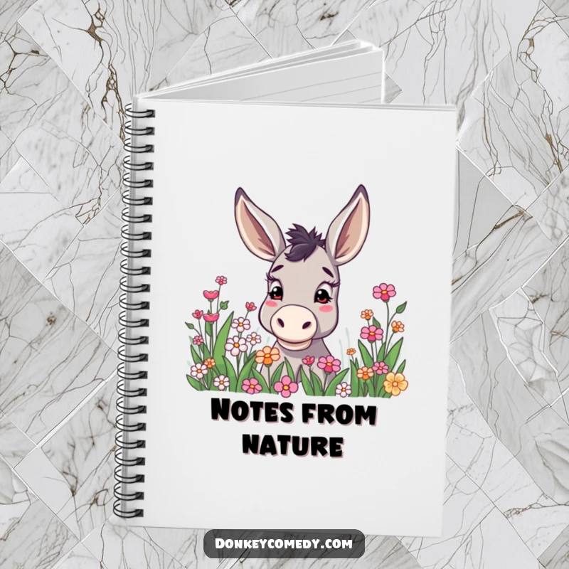 Funny donkey with ears pricked high, curiously peeking into a detailed flower patch, adorning the cover of a versatile notebook.