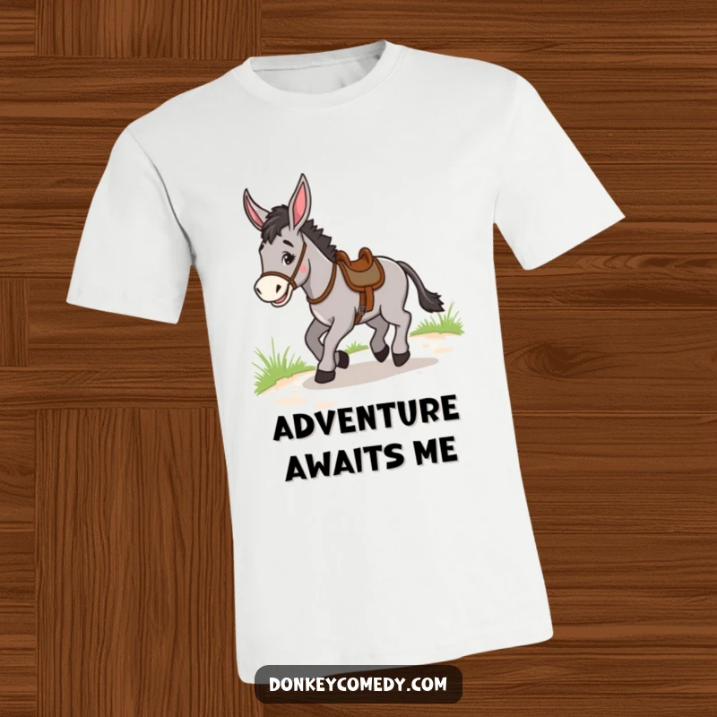 Funny Donkey Trotting T-Shirt: A donkey happily trotting on a path, wearing a saddle, ready for funny journeys.