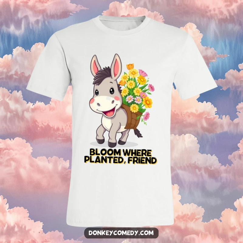 Funny t-shirt showing a donkey with a wide, cheerful grin happily carrying a big load of colorful flowers, embodying pure joy.