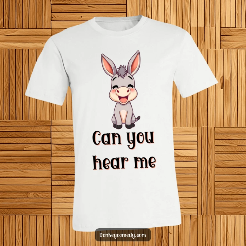 Funny t-shirt featuring a donkey with oversized ears braying joyfully, a humorous design celebrating distinct donkey sounds.