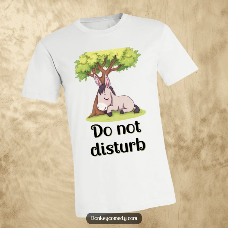 Funny, sleepy donkey resting under a shady tree, depicted on a t-shirt, a humorous and relaxing gift.
