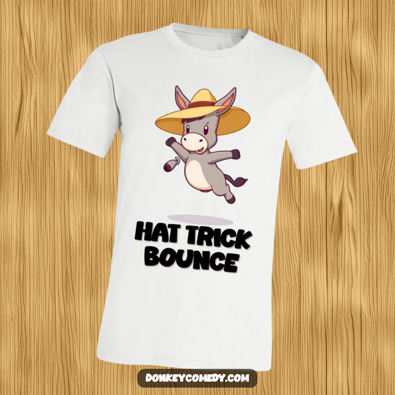 Funny, bouncy donkey wearing a straw hat, jumping high, depicted on a t-shirt, a humorous and energetic gift.
