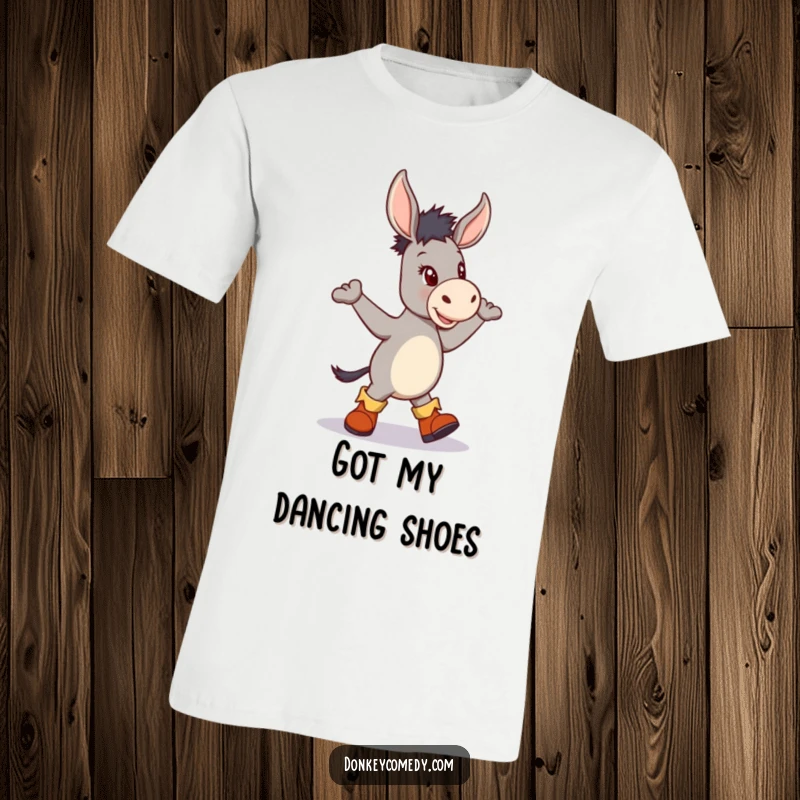Funny t-shirt illustrating a donkey in tiny boots joyfully performing a lively jig, full of energy and fun.