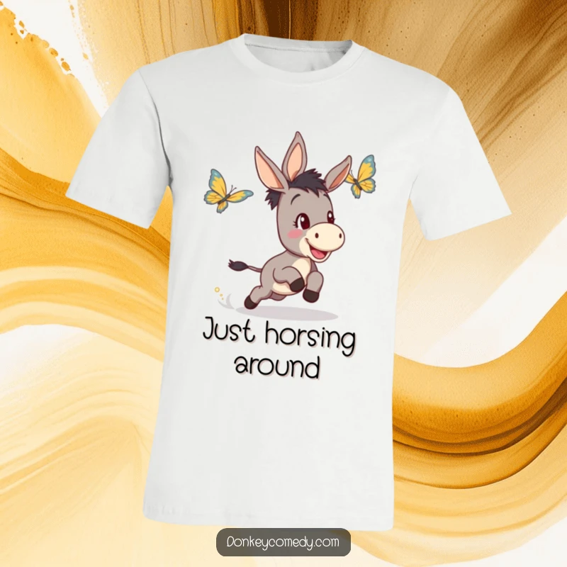 Funny t-shirt printing a determined, smiling donkey in mid-chase after a fluttering butterfly, evoking pure, playful happiness.