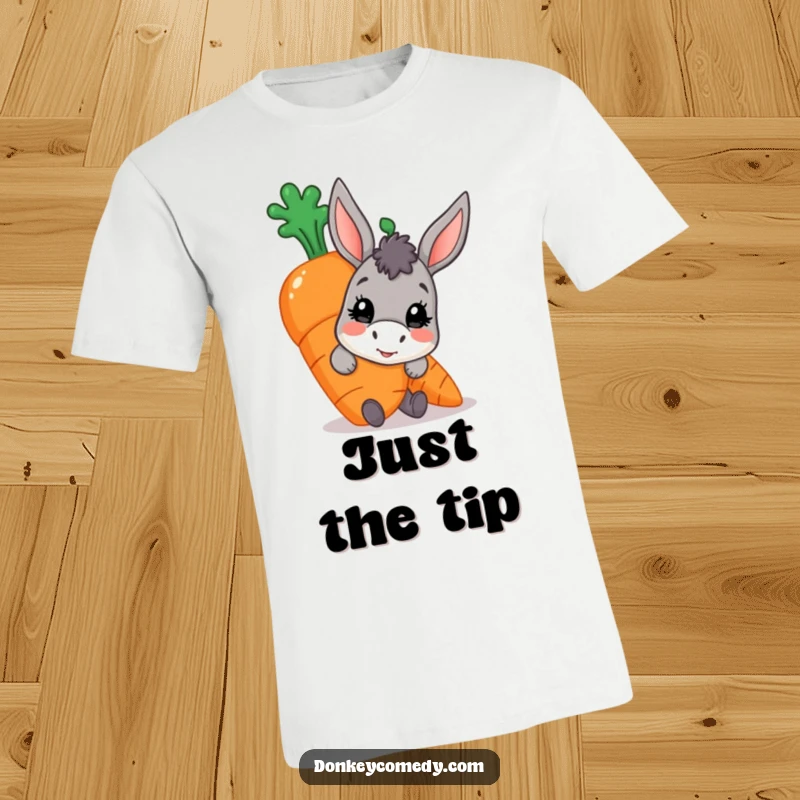 Funny donkey t-shirt, character peeking from behind a large ripe carrot, showcasing a playful and humorous scene.
