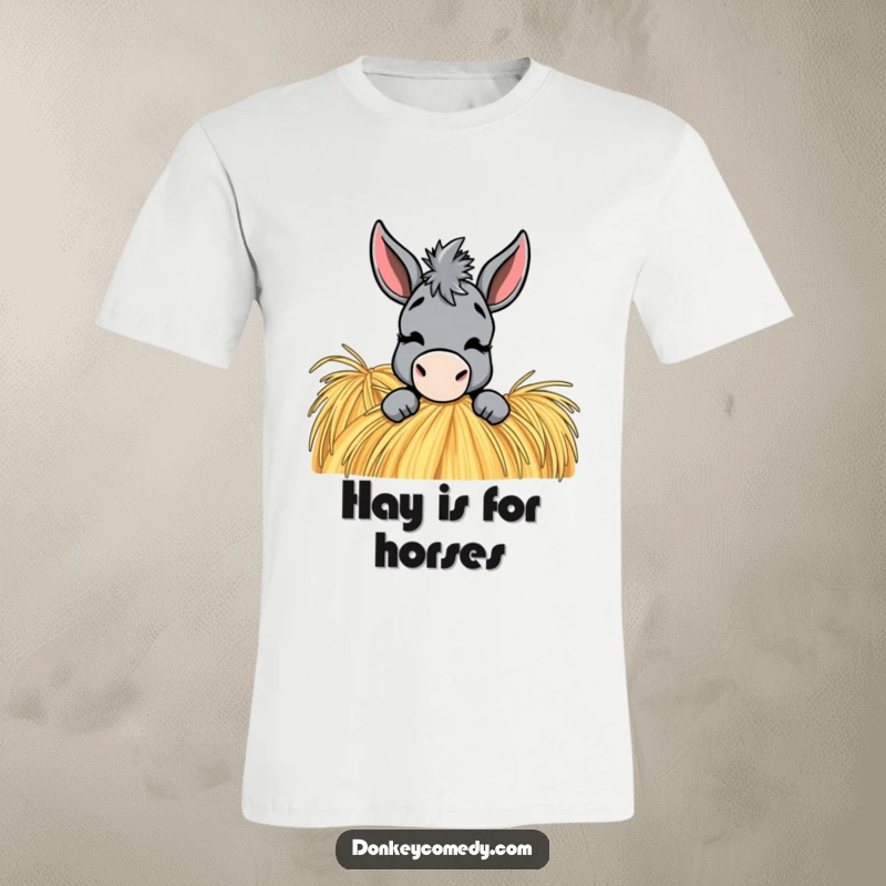 Funny Donkey T-Shirt: A donkey with a playful wink hides behind a haystack, ready for some farmyard fun.