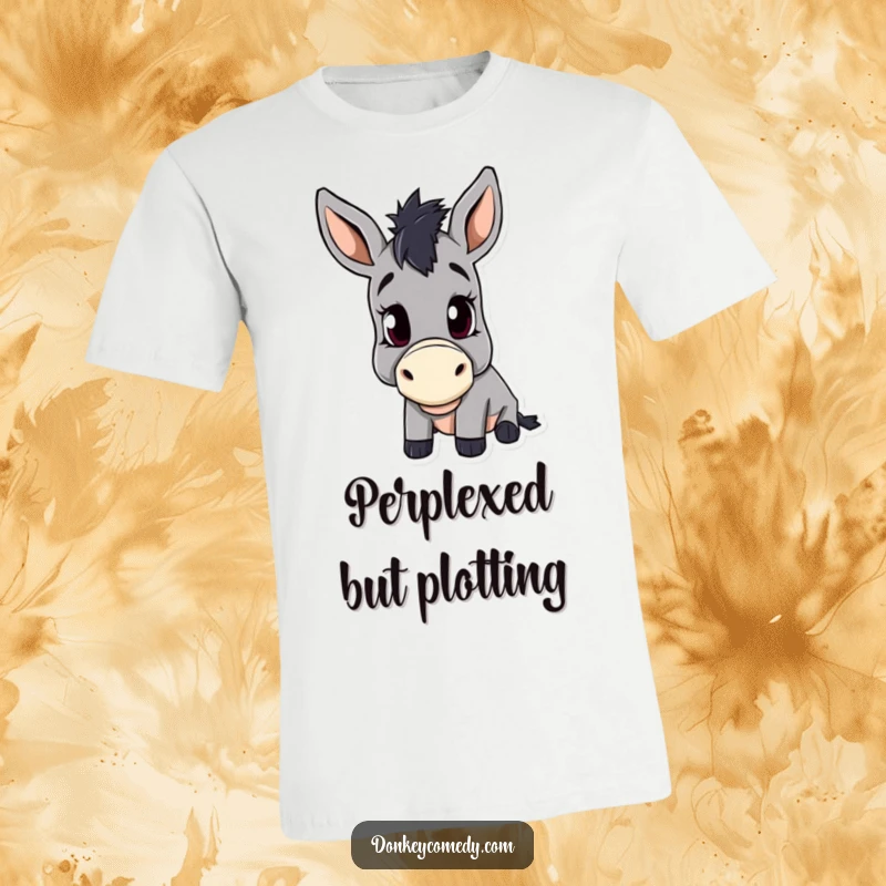 Funny t-shirt showcasing a donkey with a signature curious head tilt, looking inquisitively at the viewer.