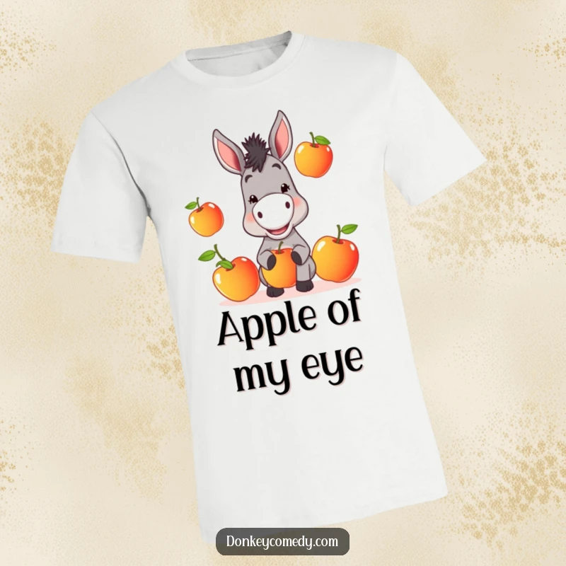 Funny Donkey T-Shirt: A donkey with a mischievous grin juggles three apples, looking hilariously talented.